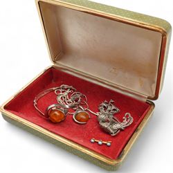 Early 20th century gold three stone turquoise brooch, silver marcasite flower brooch and ship brooch,  silver amber bangle and pendant necklace silver box link chain necklace and a collection of costume jewellery