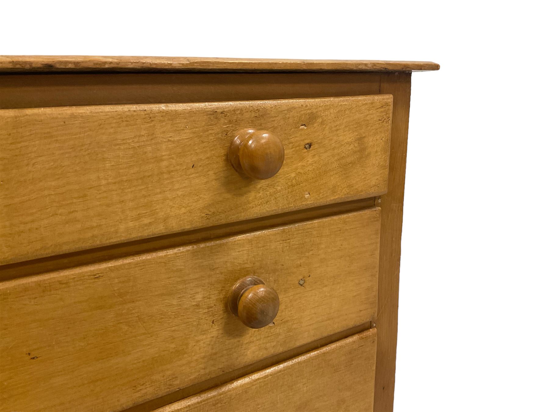 Victorian pine and satinwood chest, fitted with three graduating drawers, on skirted base with castors