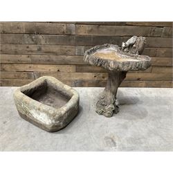 Small 19th century square stone trough and a cast stone bird bath