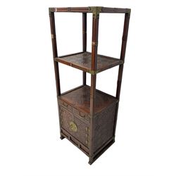 Chinese design bamboo and wood what-not or etagere, parquetry lattice-work bamboo, three tiers over two small drawers and cupboard