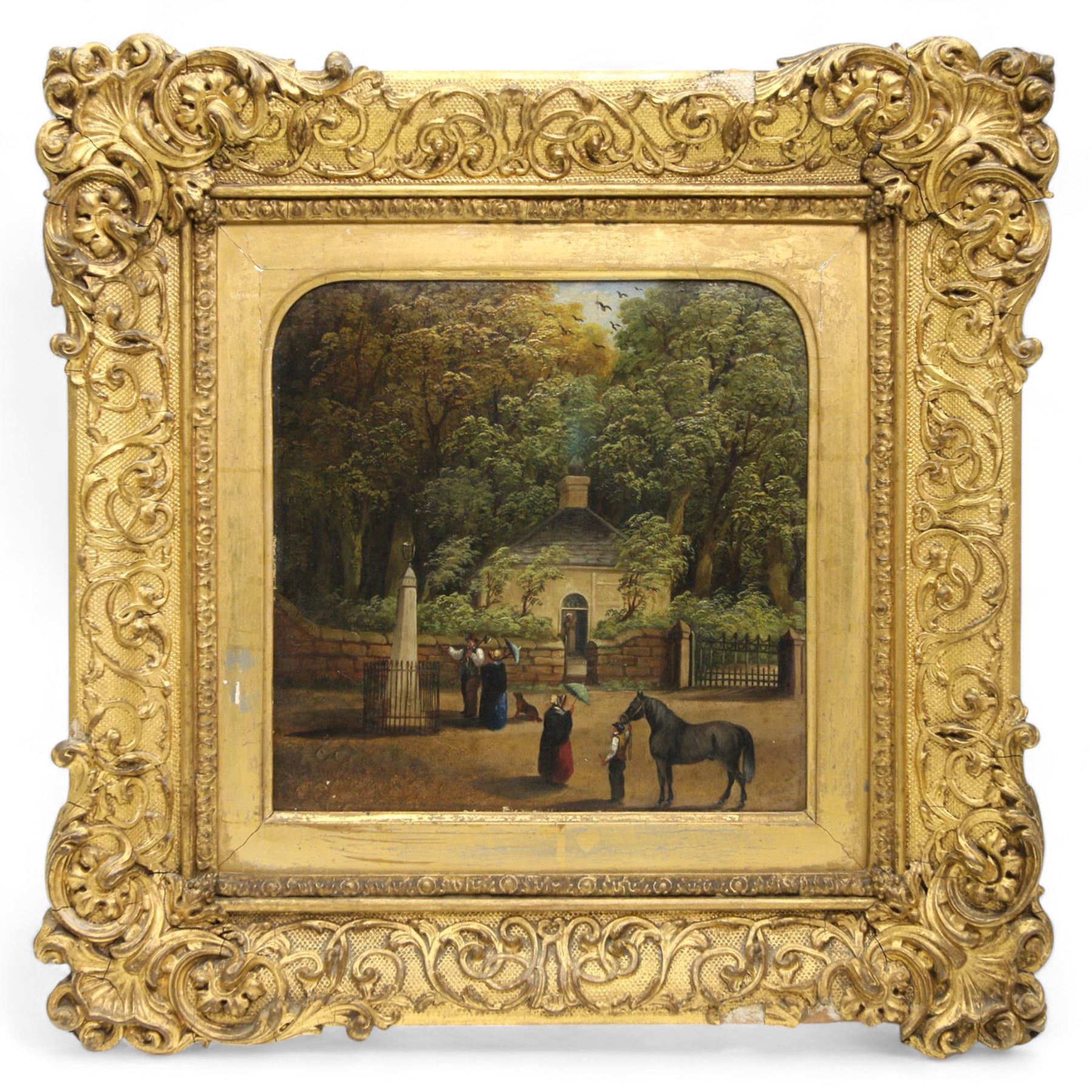 Edward Charles Barnes (British 1830-1882): 'The Lodge - Ashfield', oil on canvas signed and dated 1860, inscribed verso, framed in ornate scroll moulded gilt and gesso swept frame 24cm x 24cm