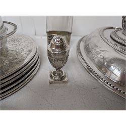 Glass hip flask, with silver cap/collar and plated cup and a silver topped pepper shaker, together with silver plated items including place mats, coasters, serving dishes, etc