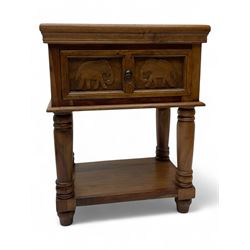 Hardwood lamp or side table, fitted with single drawer carved with elephants, on turned su...