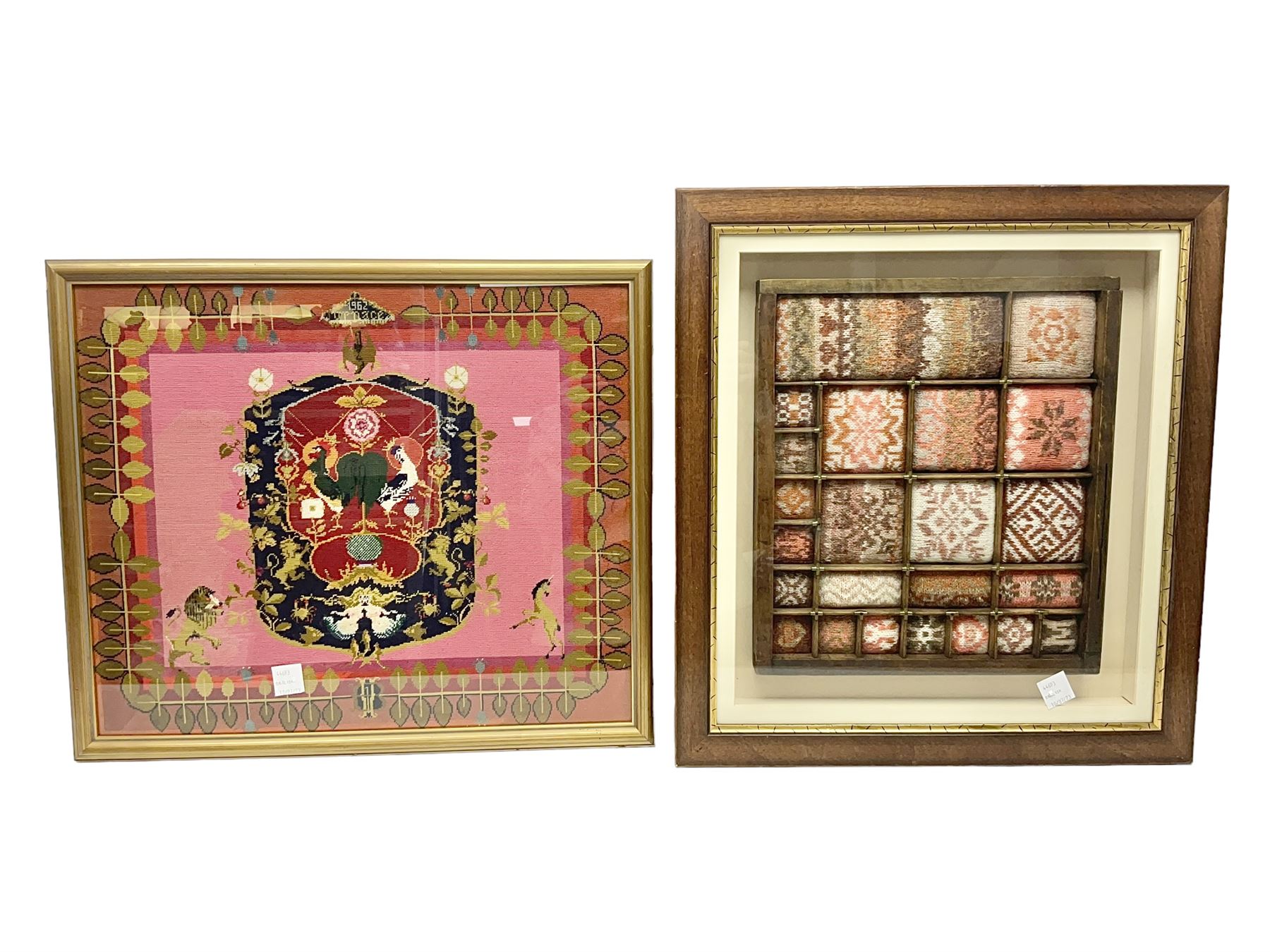 Two framed needleworks, the first example of a chrest 