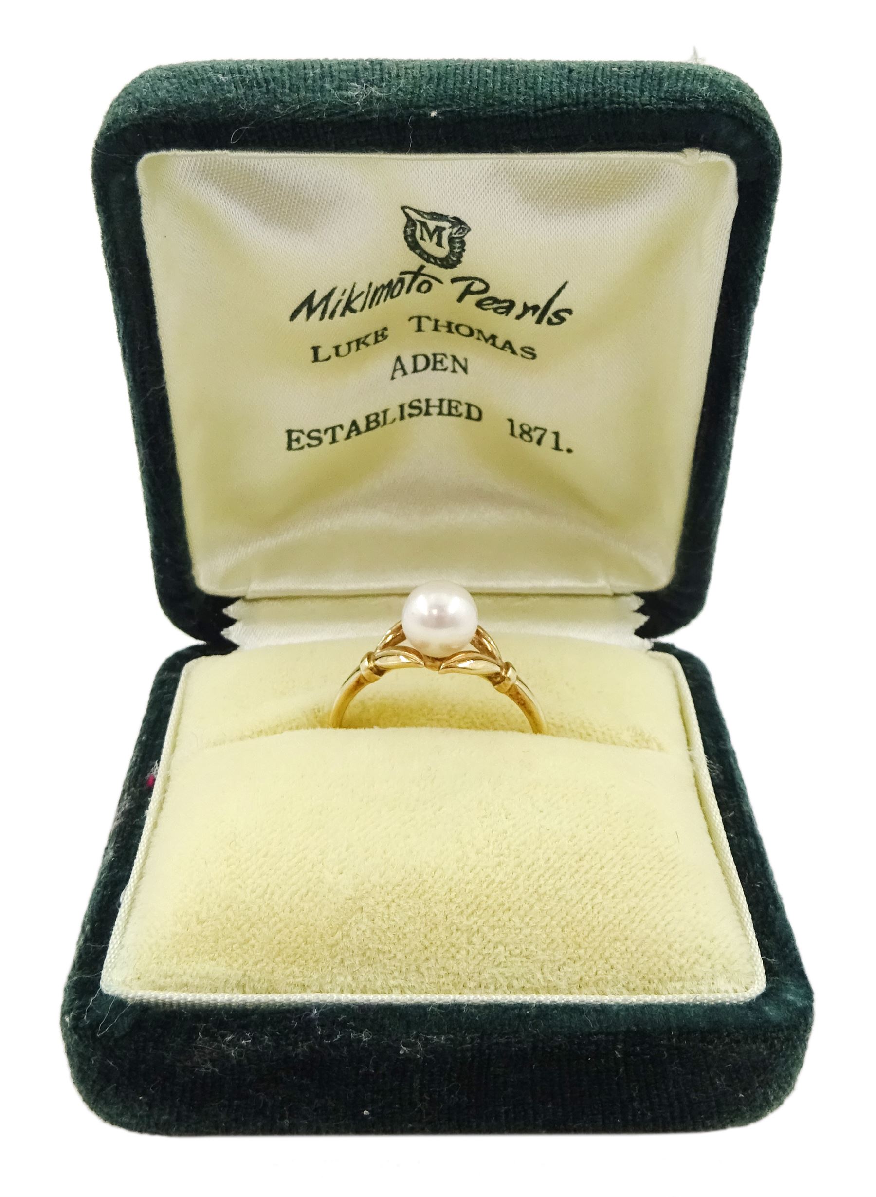 Mikimoto 14ct gold single stone cultured pearl ring, stamped K14, in original box with guarantee dated 1966