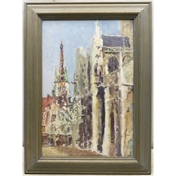 Catherine Tyler (British 1949-): 'Rouen Cathedral from St Maclou Church', oil on panel signed and dated '96, titled verso 47cm x 32cm