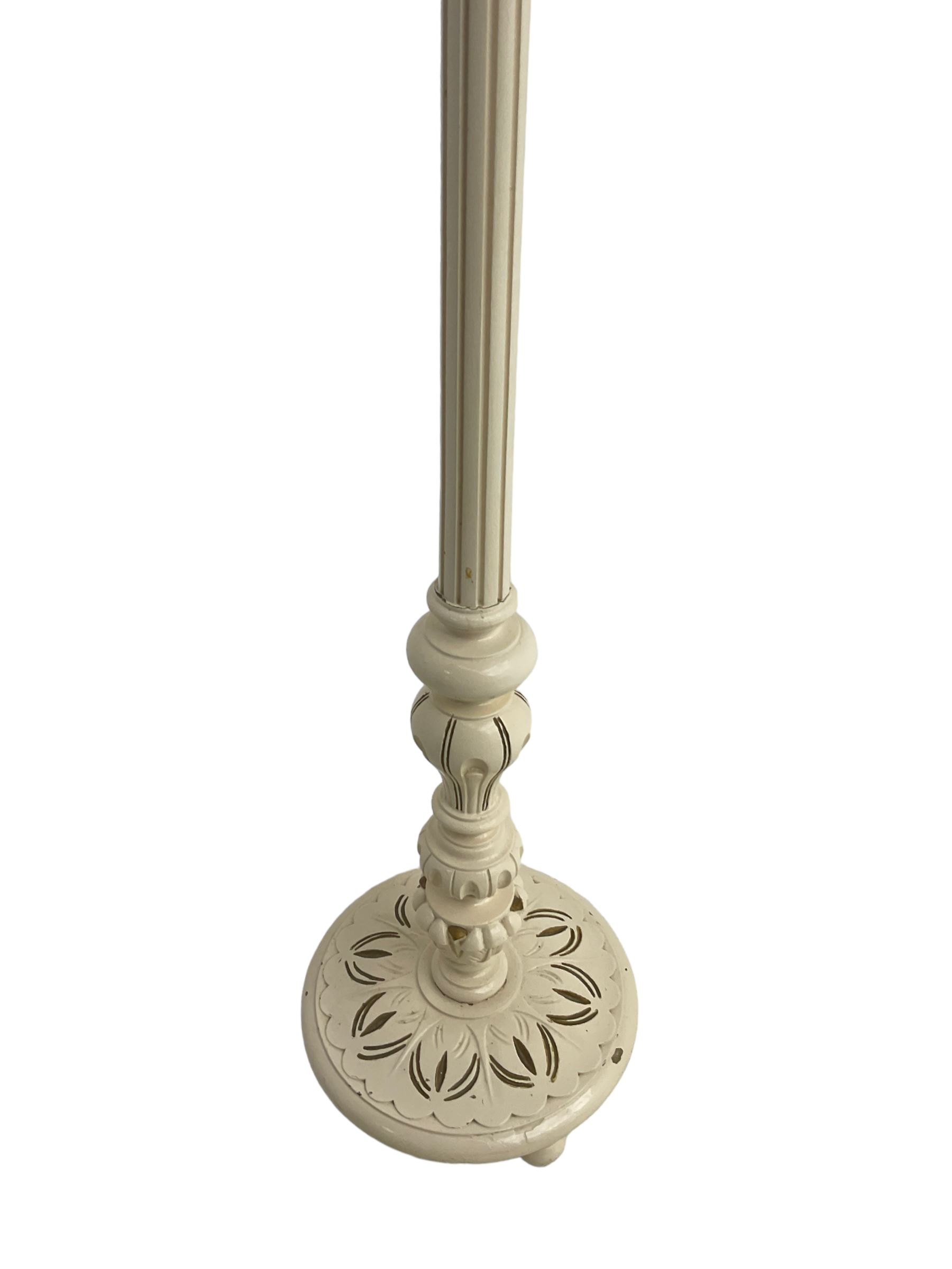 Victorian design Classical standard lamp, turned and fluted column with circular base, in cream finish, with matching fringed shade 