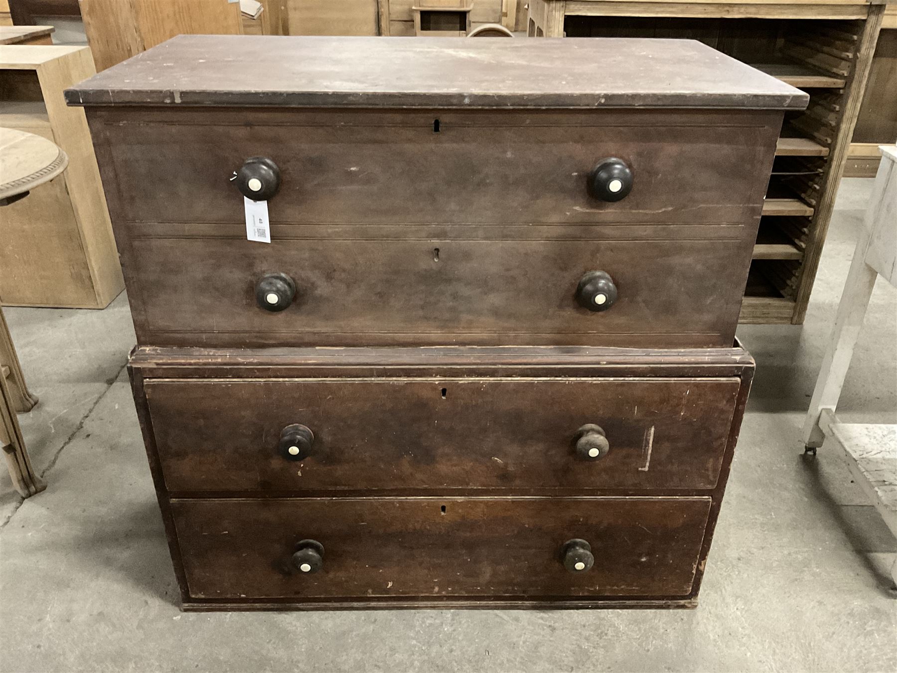 19th century scumbled pine mule chest, rectangular hinged top enclosing candle box with faux two-drawer facia, base fitted with two drawers - THIS LOT IS TO BE COLLECTED BY APPOINTMENT FROM THE OLD BUFFER DEPOT, MELBOURNE PLACE, SOWERBY, THIRSK, YO7 1QY