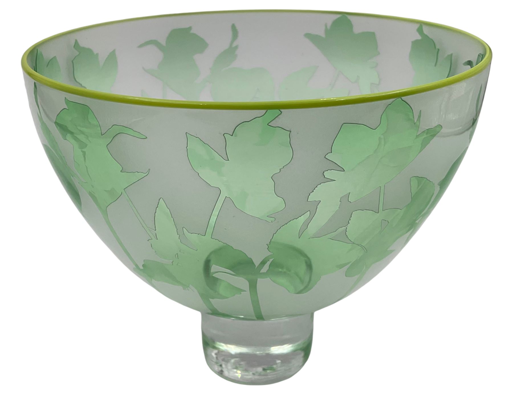 Gillies Jones of Rosedale green glass bowl decorated with flowers with green rim, upon a short clear tapering foot, signed to base, H13cm D15cm