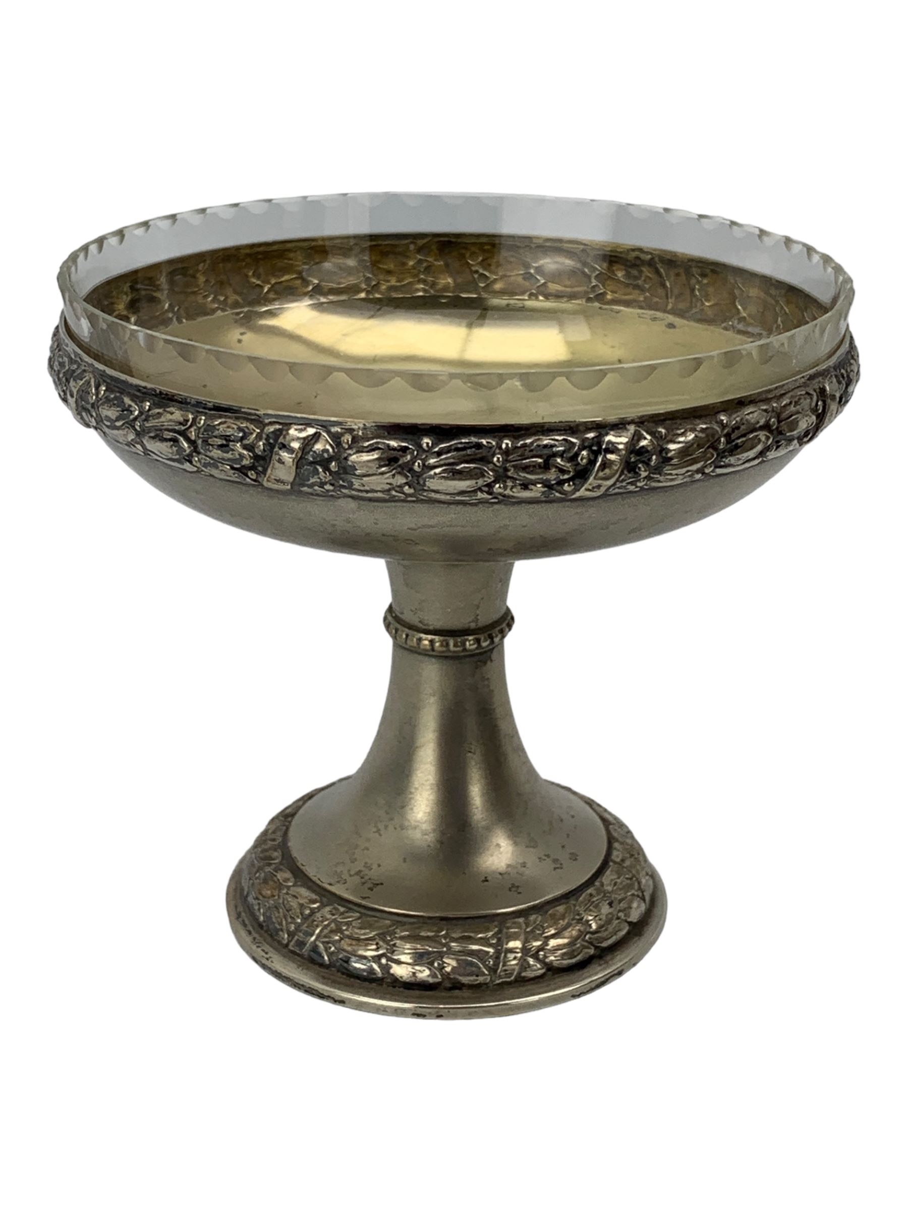 Early 20th century German silver-plated dessert service, comprising a tall comport with clear glass liner, and twelve pedestal bowls, eight with glass liners, with makers mark for Bibus Frantisek & Sohn, on a matching twin handled tray, unmarked, L82cm 