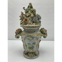 Continental vase and cover, with painted panels of birds in foliage, with applied flower decoration to the body and cover, H38cm 