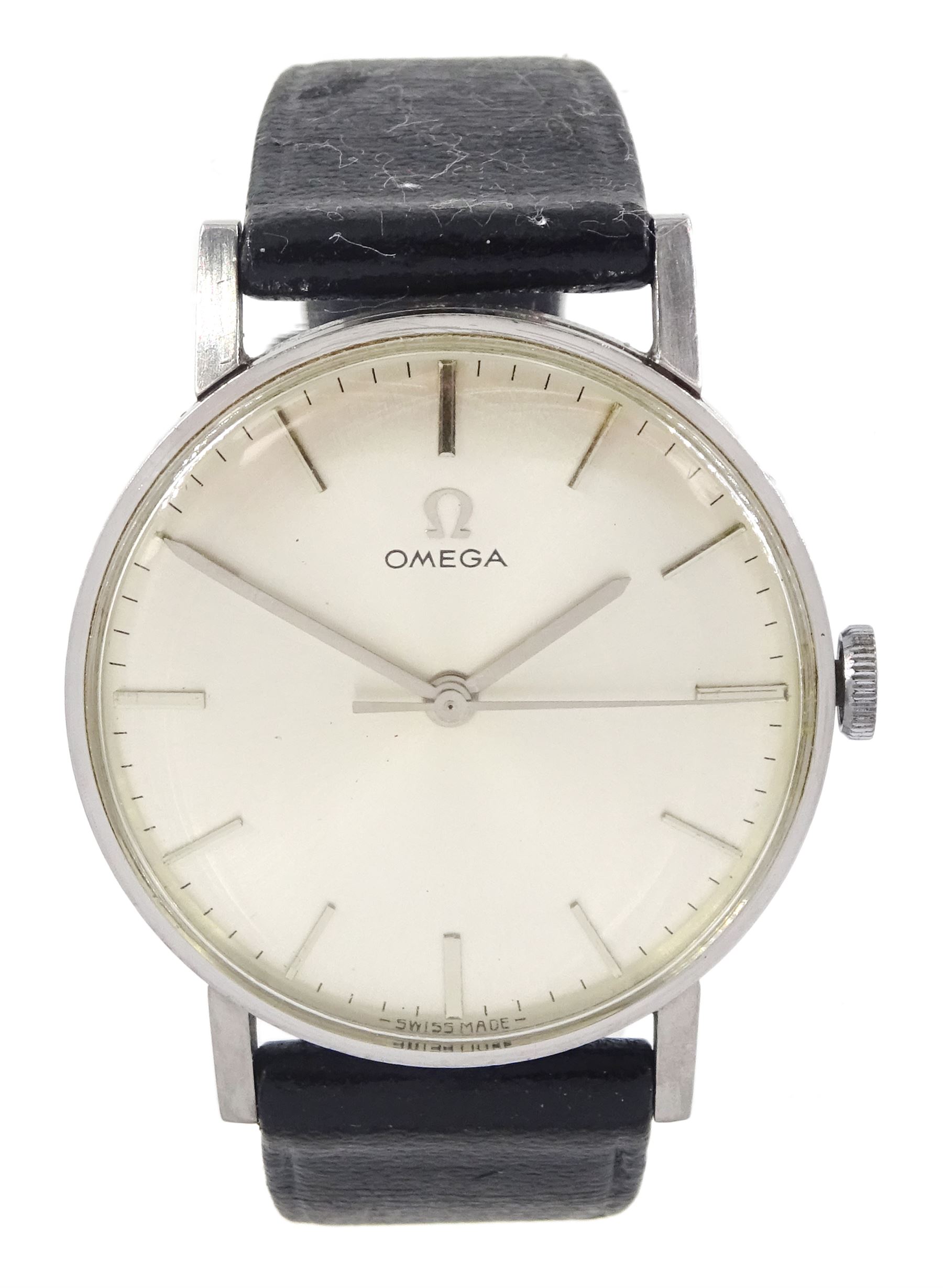 Omega gentleman's stainless steel manual wind wristwatch, silvered dial with baton hour markers, on black leather strap 