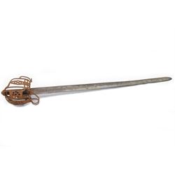 Scottish basket-hilted sword, double-edged blade L95cm cut with three narrow fullers, marked with a pair of crescent moons, L112cm 