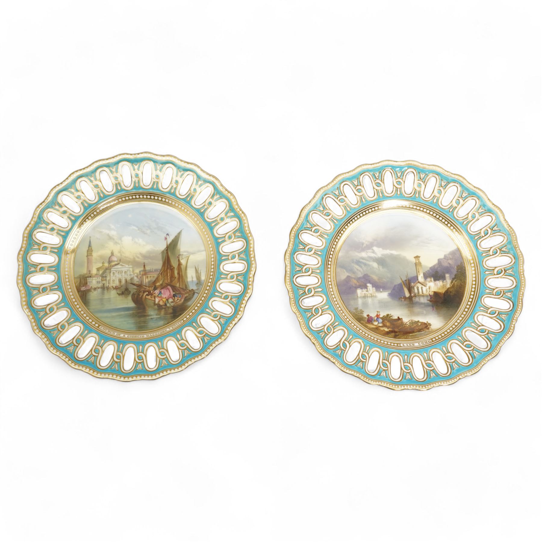 Pair of 19th century Copeland cabinet plates, centrally hand painted with a view of Lake Como and Church of S. Giorgio-Maggiore, Venice, within blue and gilt pierced borders, pattern no. D1625, D22.5cm (2)