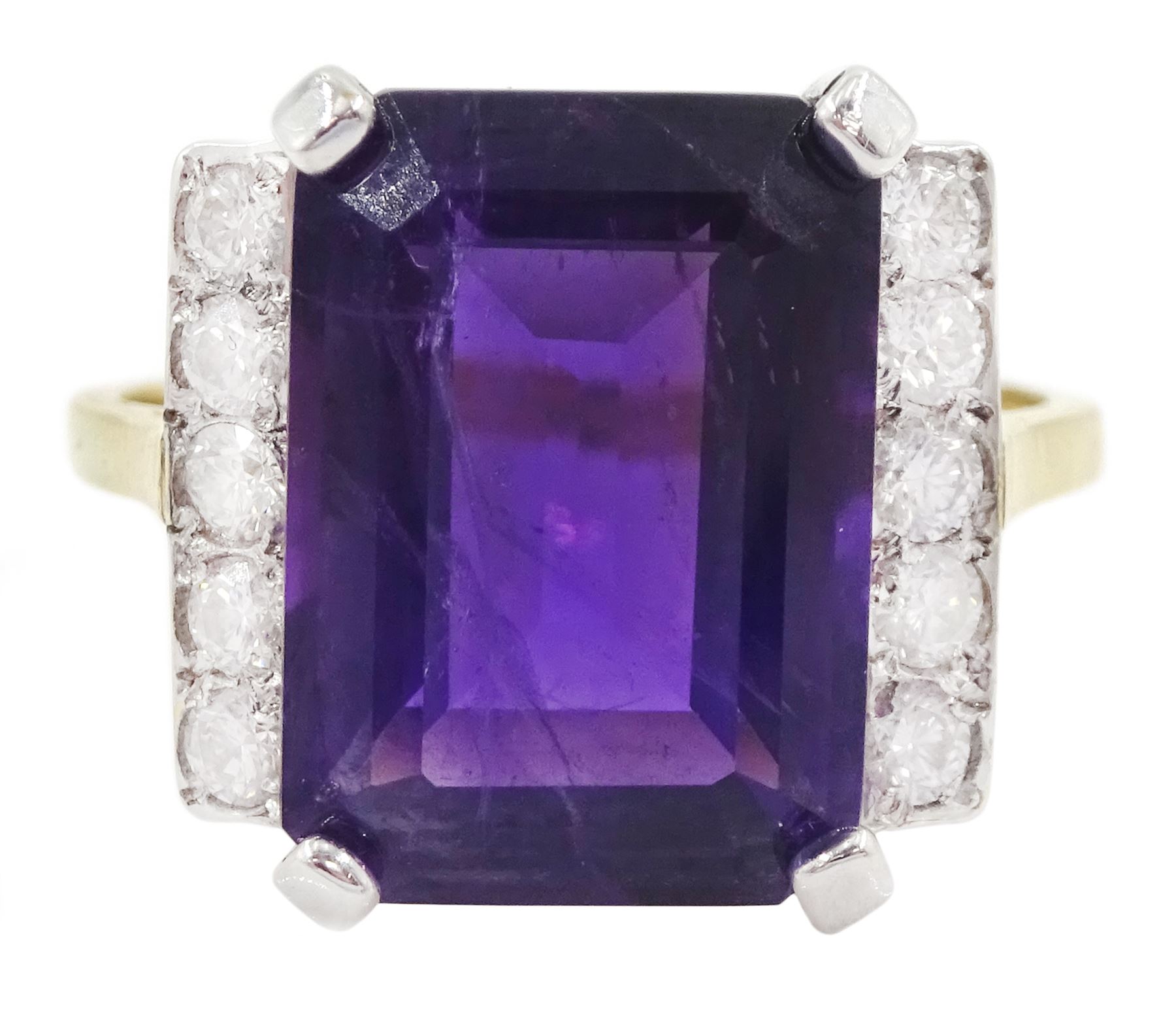 18ct gold amethyst and diamond ring, emerald cut amethyst, with five round brilliant cut diamonds set either side, hallmarked, amethyst approx 7.20 carat