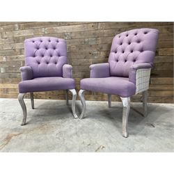 Voyage - two high back armchairs upholstered in buttoned lilac and tweed fabric, painted cabriole legs