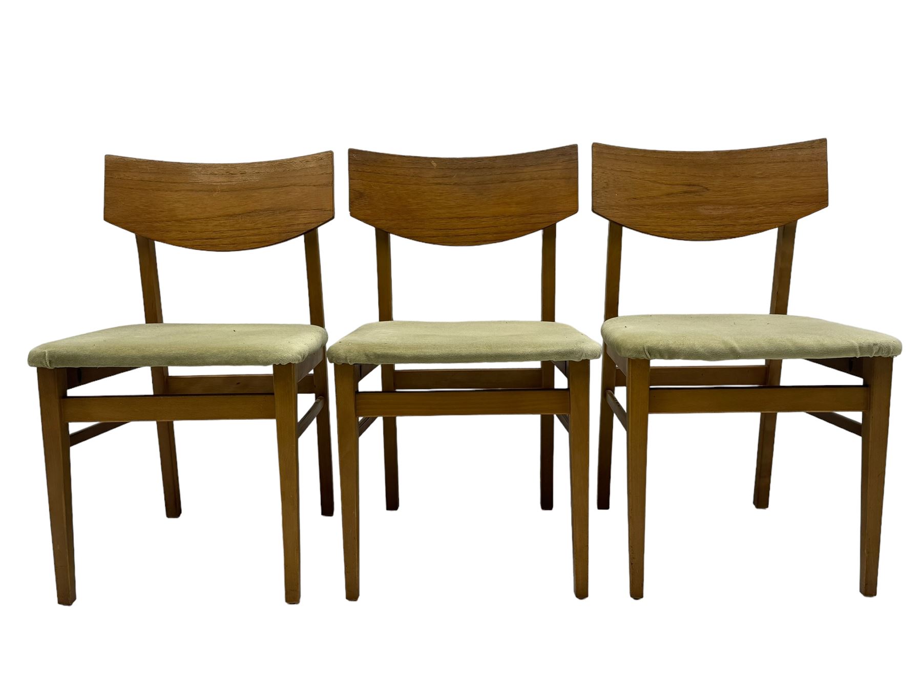 Mid-20th century teak dining table, draw-leaf action extending top, on square tapering supports (98cm - 148cm x 76cm, H75cm); and a set of three dining chairs 