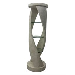 Composite stone display stand, circular twist form, fitted with three glass shelves