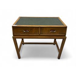 Art Deco period walnut writing desk, rectangular top with green inset writing surface, fit...