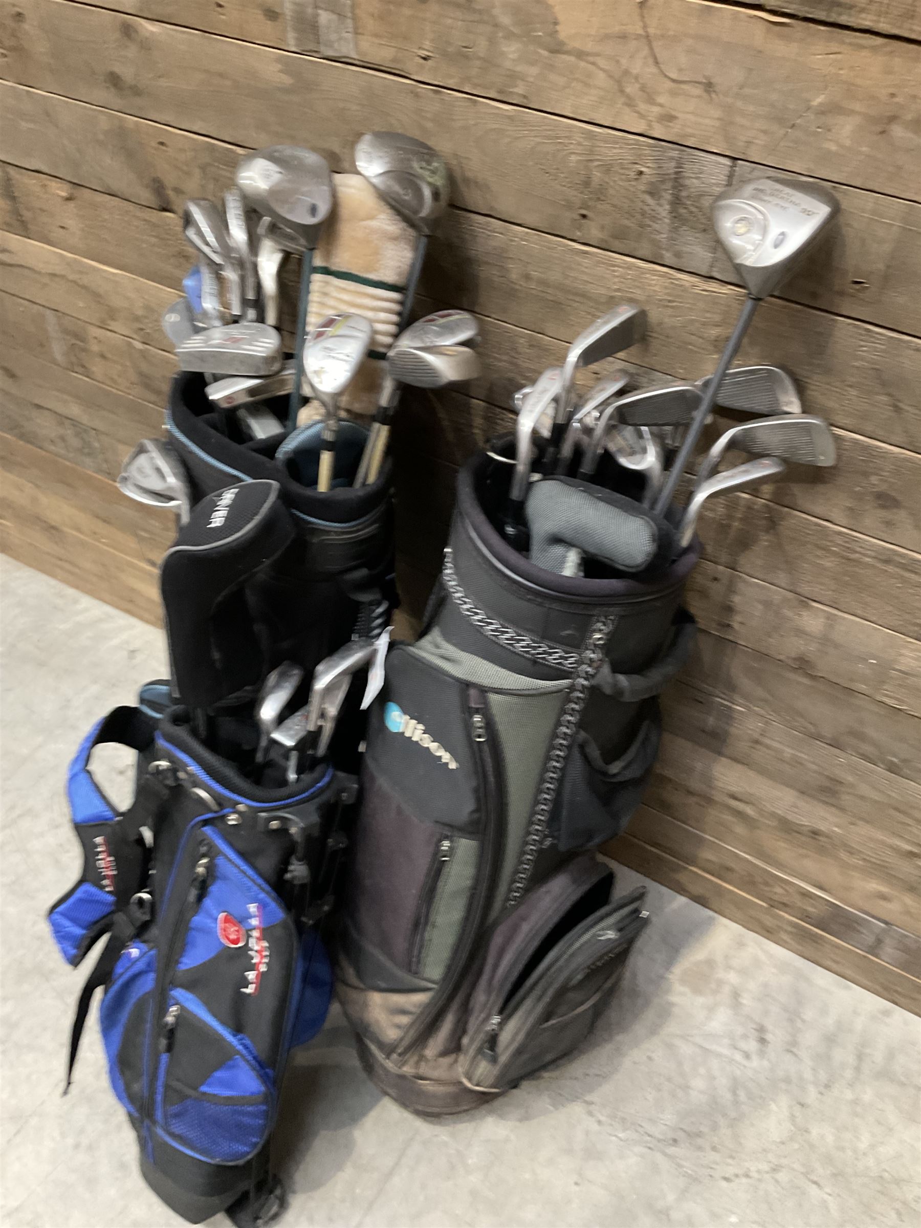 Battlesticks and other golf clubs in three bags