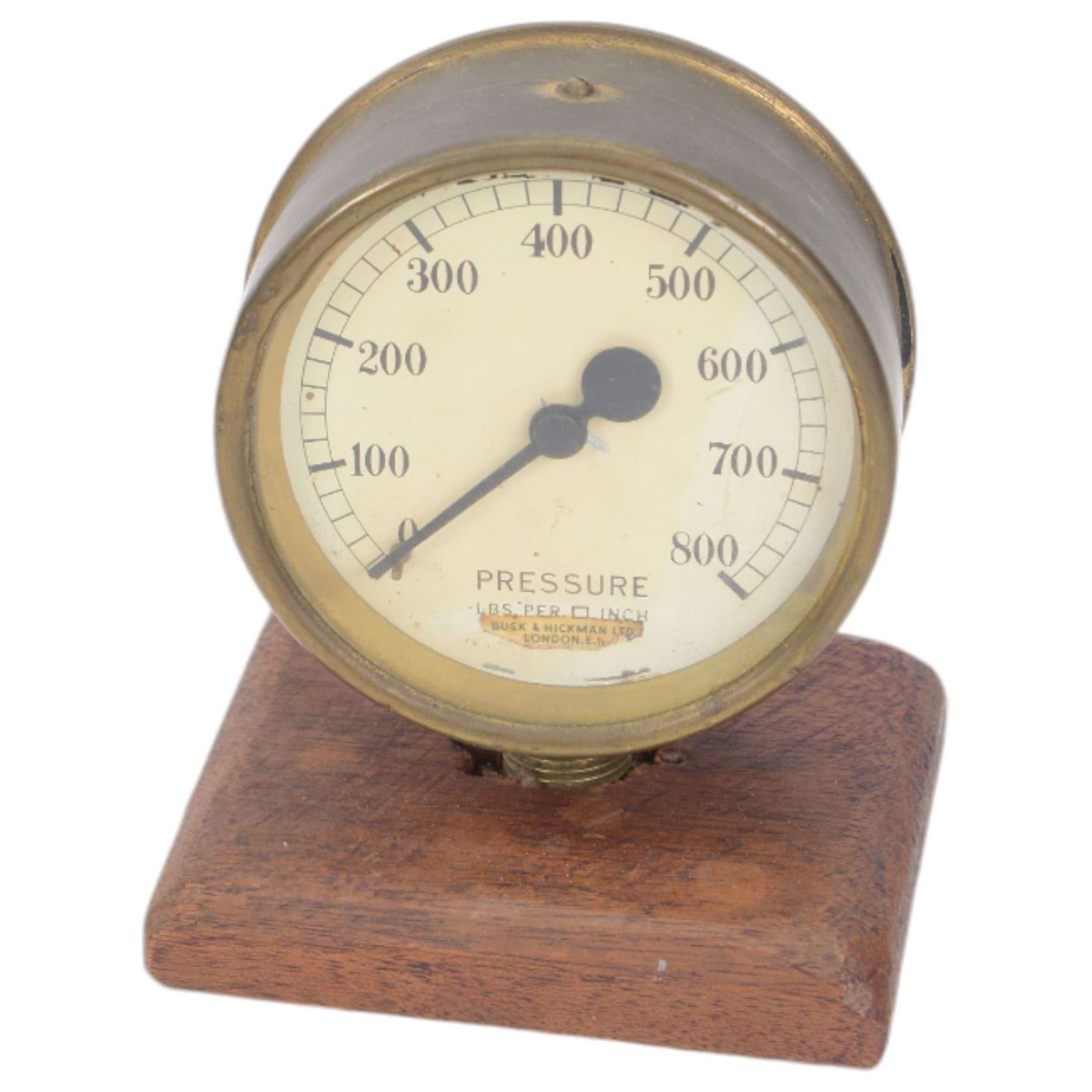 20th century Walker's Patent 'Trident' electric ship's log, the circular enamel dial with Arabic outer scale with two further subsidiary dials for miles, together with a Buck & Hickman brass pressure gauge mounted on a wooden base 