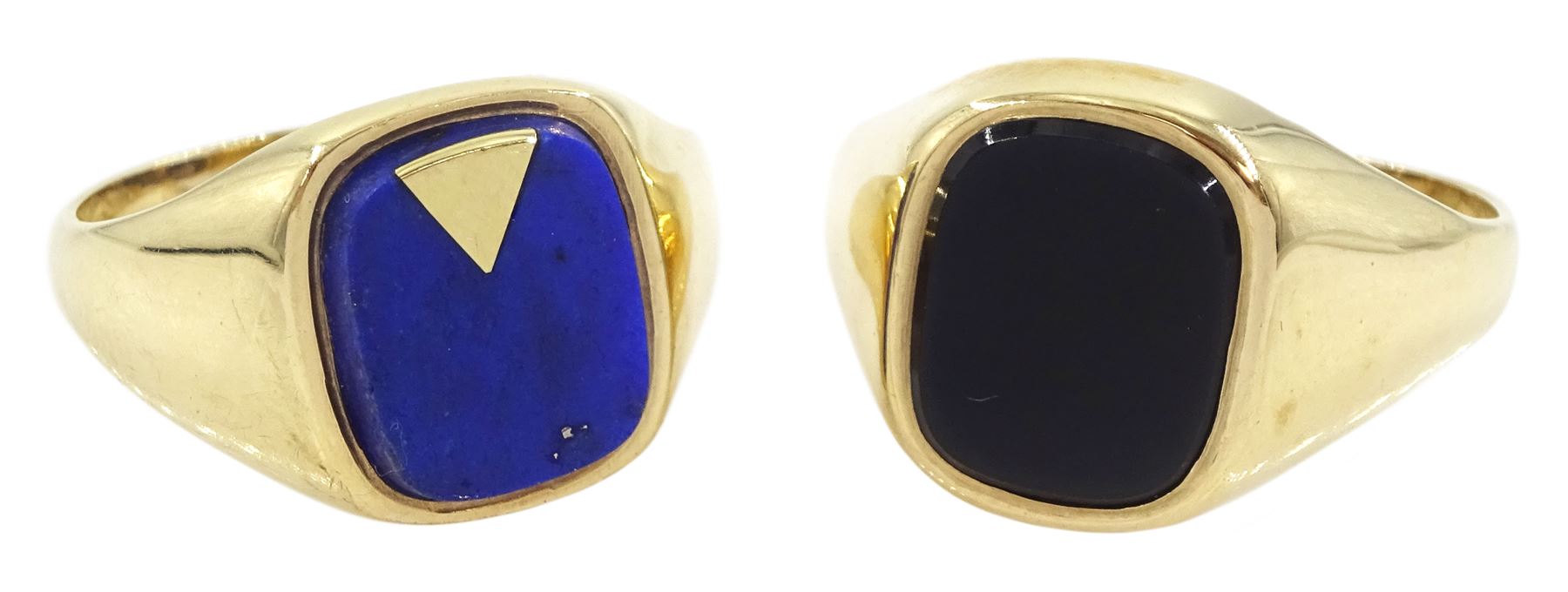 Gold lapis lazuli signet ring and a gold black onyx signet ring, both hallmarked 9ct