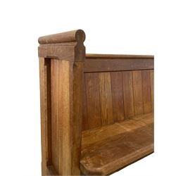 19th century oak church pew or hall bench, moulded cresting rail over panelled back and plank seat, on panelled end supports with chamfered frames