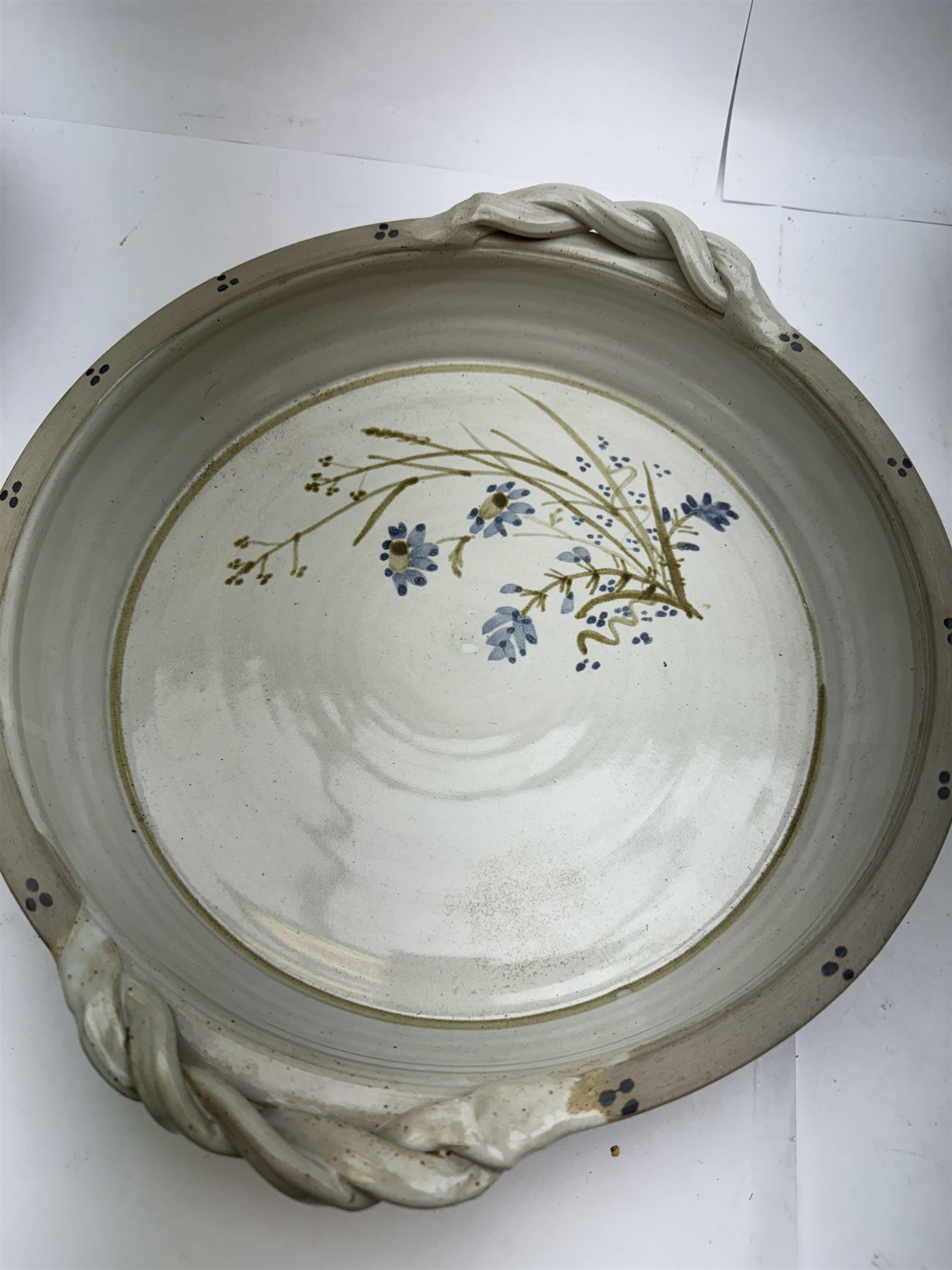 Studio pottery, including John Davey bowl, with blue, white and brown decoration, a Culloden vase, of circular form with sgrafitto decoration, a circular vase with painted swirl decoration, marked Dunn, two large bowls and a rectangular vase with applied decoration, tallest vase H27cm