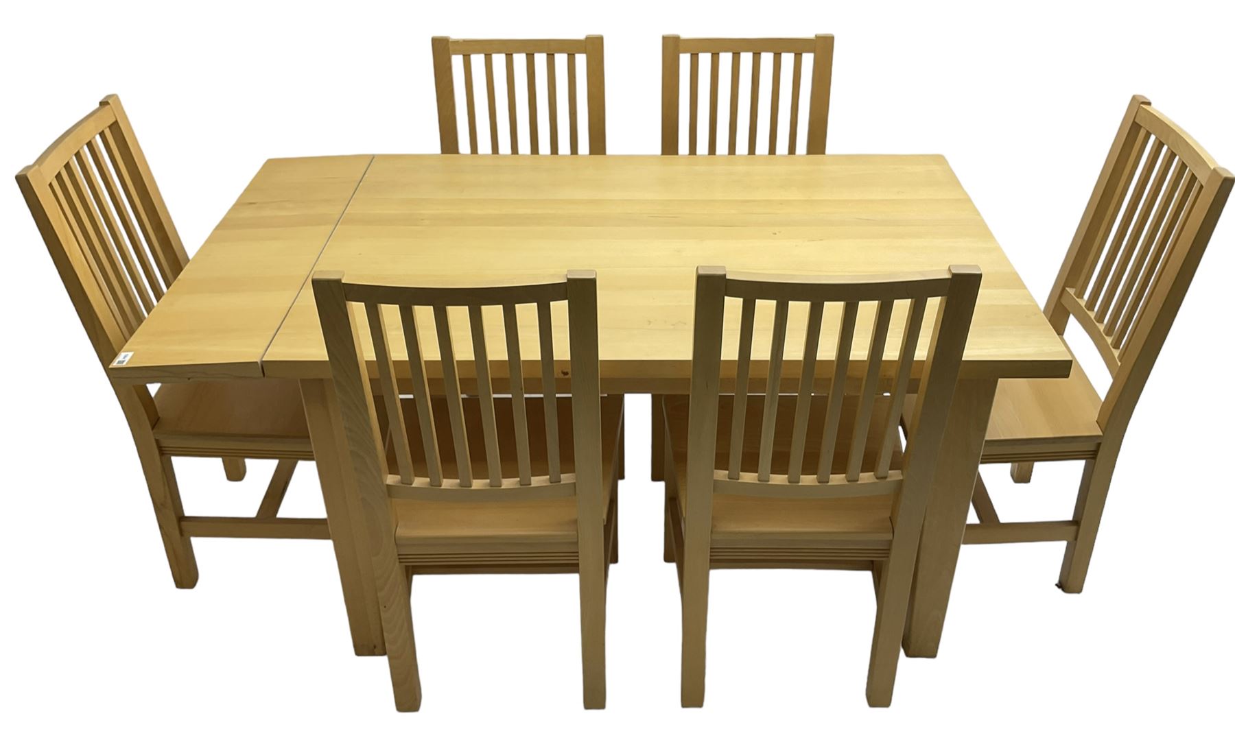 Solid beech rectangular dining table (89cm x 135cm - 160cm, H77cm), and a set of five beech dining chairs