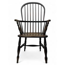 19th century elm and ash Windsor armchair, hoop back with turned spindle supports, shaped ...