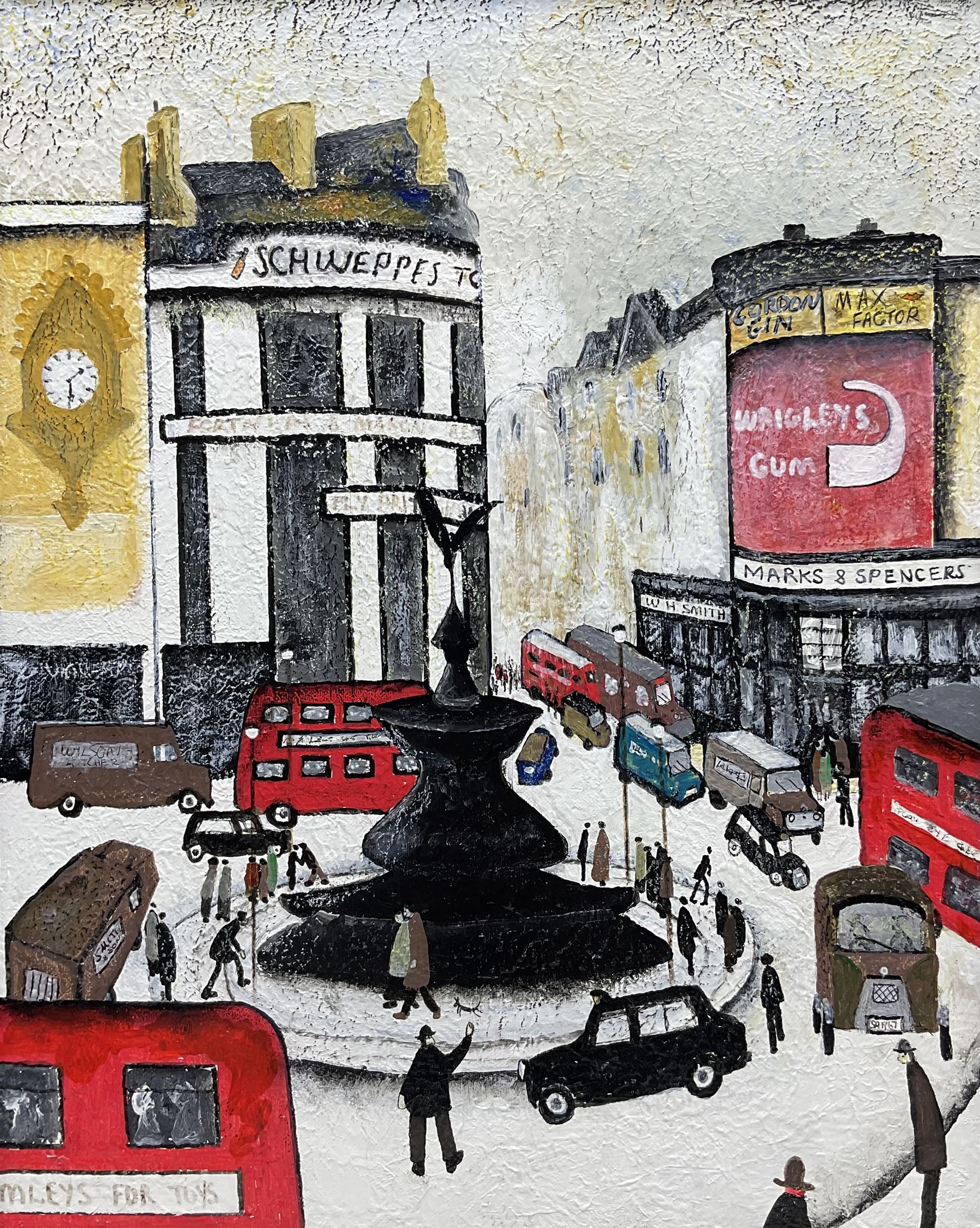 John Hanley (Northern British 1947-): 'Trip to London', oil and acrylic ink on canvas, signed titled and dated 04/22 verso 50cm x 40cm