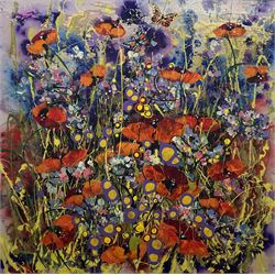 Rozanne Bell (Zimbabwean 1962-): 'Purple Wham Bam', mixed media with acrylic and resin signed 99cm x 99cm 