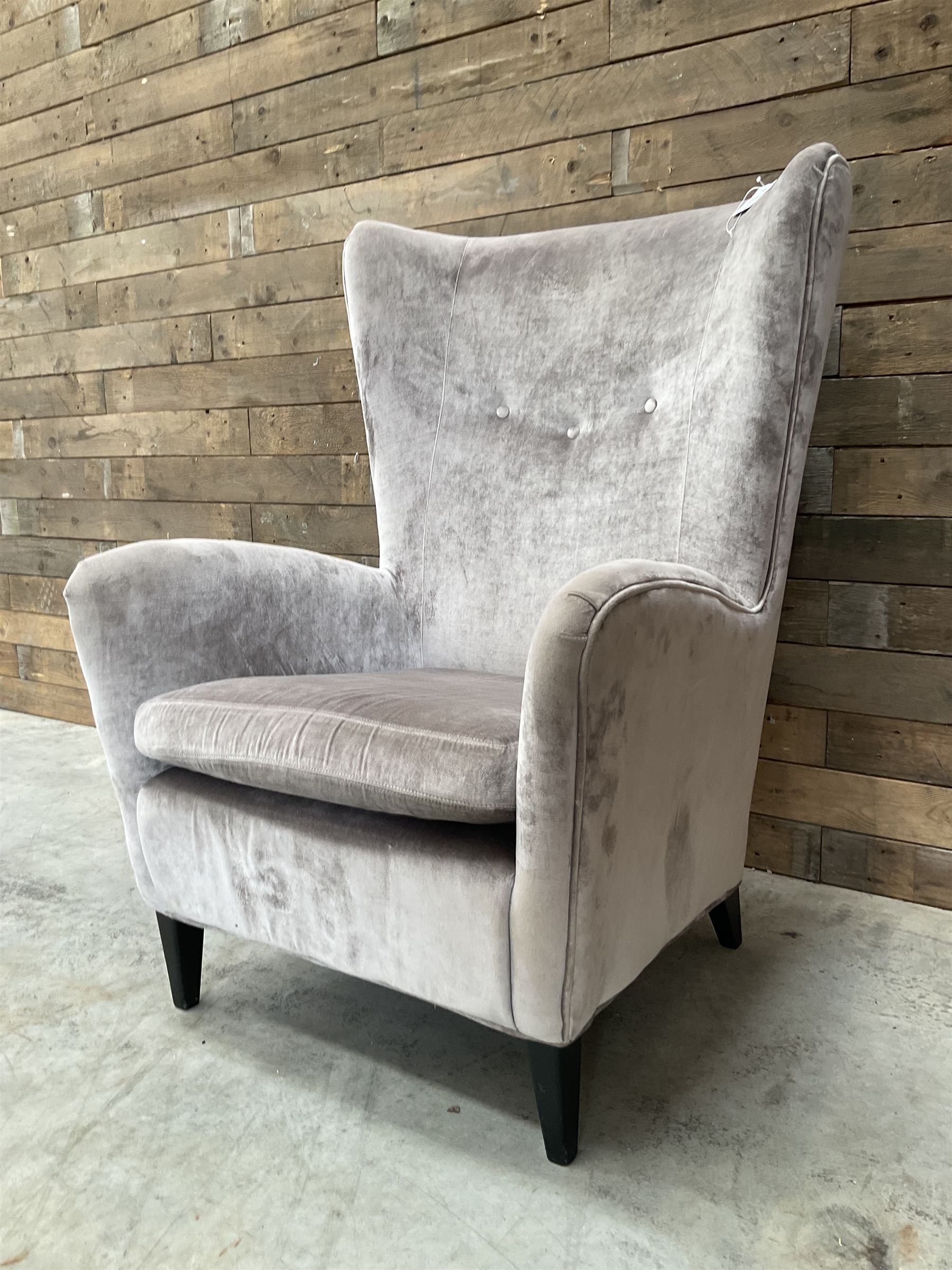 2 x Wing back armchair upholstered in silver crushed velvet fabric