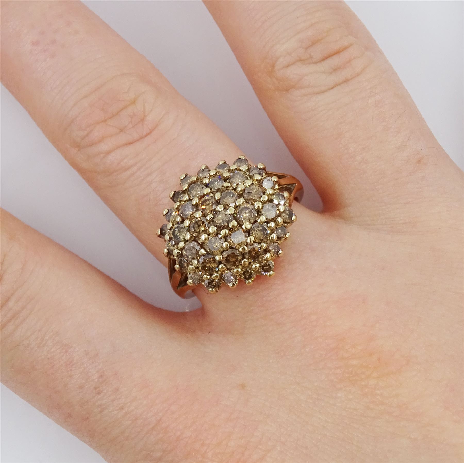 9ct gold round brilliant cut champagne diamond cluster ring, hallmarked 