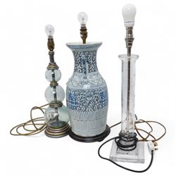 Two glass table lamps and one Double Happiness Chinese porcelain lamp, largest H50cm, toge...