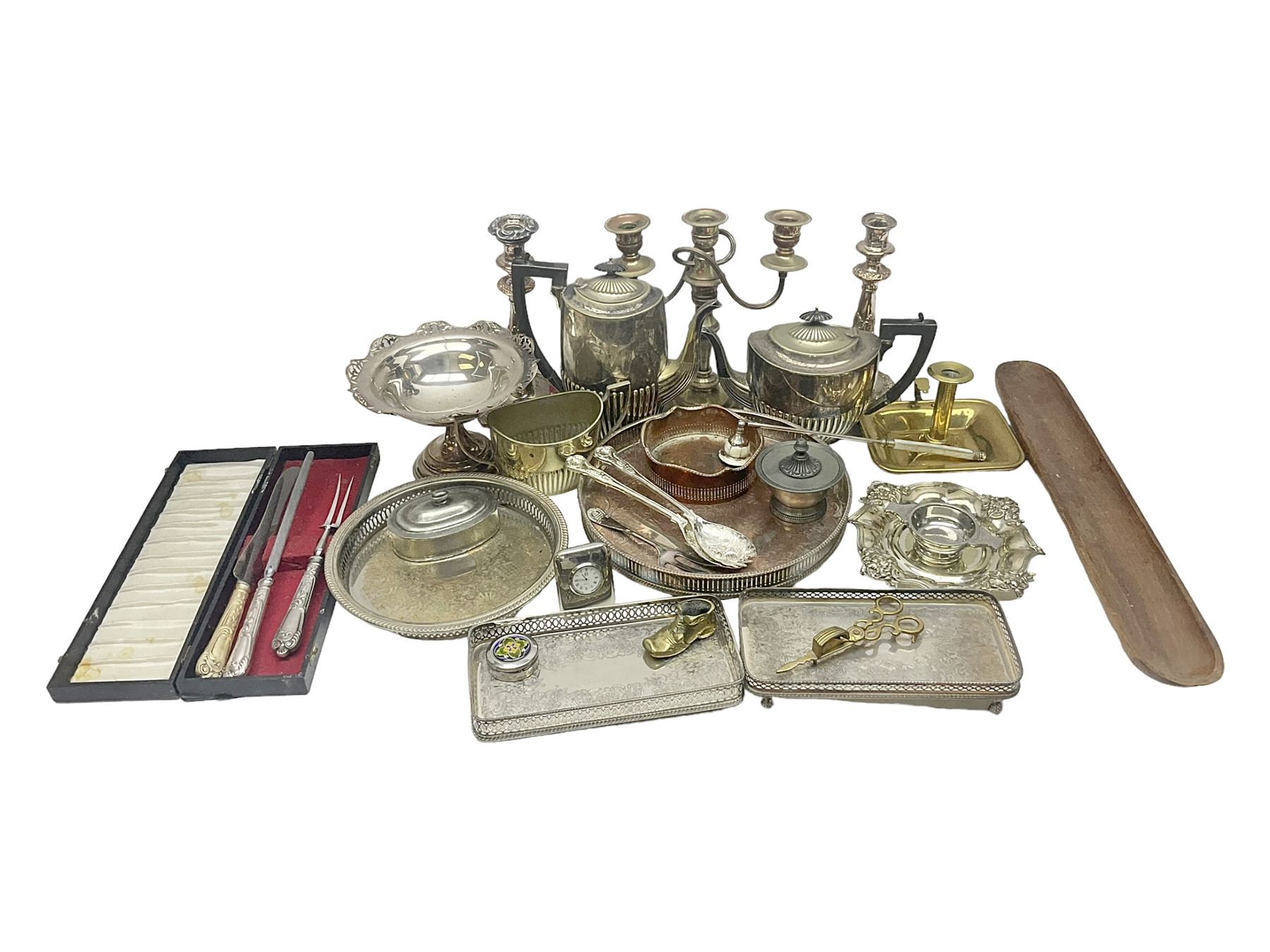 Collection of silver plate, to include pedestal dish, candle sticks, tea service etc  