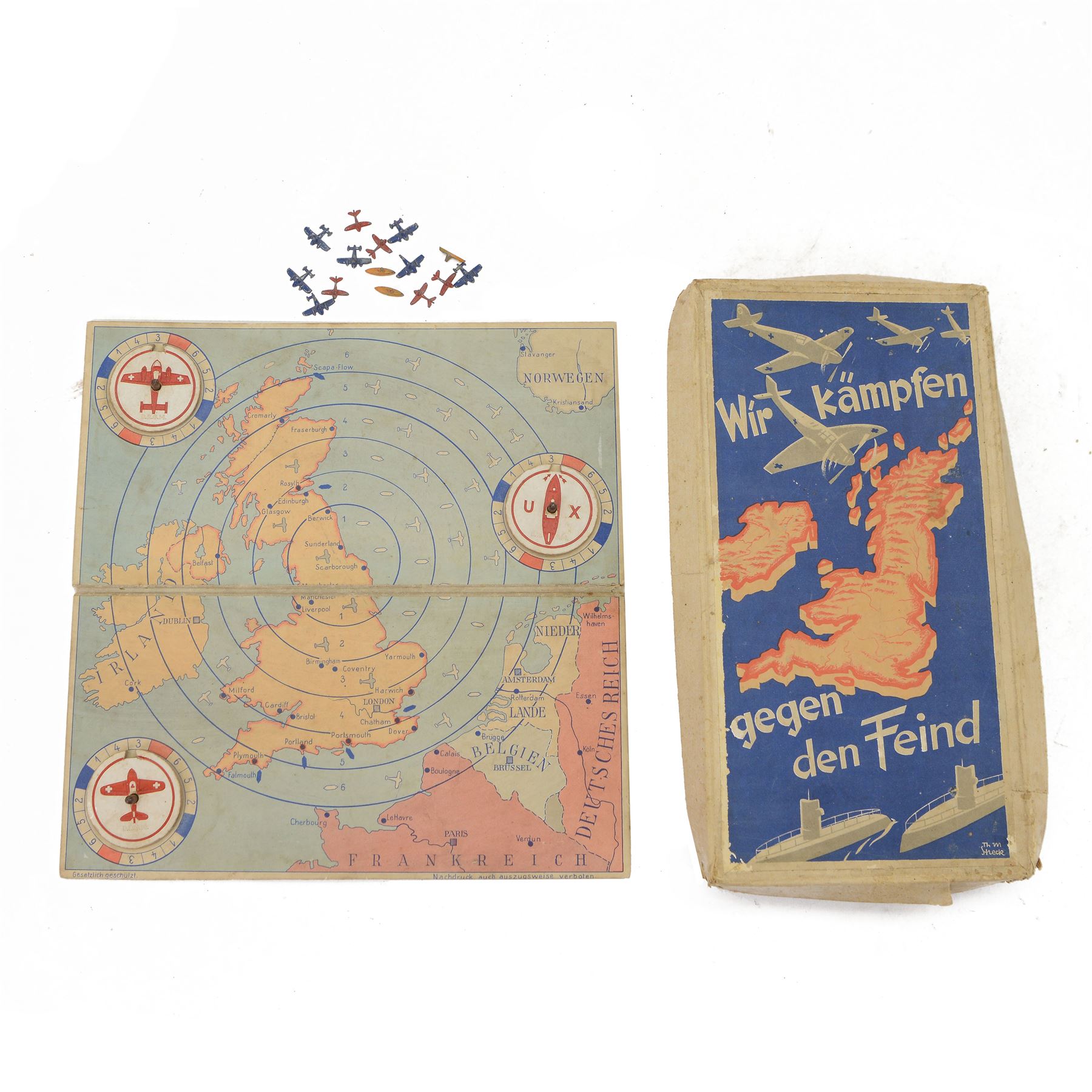 WWII German board game, Wir Kampfen gegen den Feind, Goebel Spiele, 1940, color-printed, foldable game board: British Isles with concentric distance circles, 3 rotating discs, fifteen game pieces (comprising three submarines, seven bombers and five fighter planes), in original box
