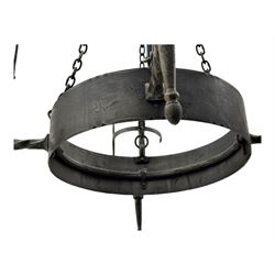 Wrought metal ceiling light, four branch with strapwork lanterns (D55cm); together with a pair of matching wall sconces (H32cm)