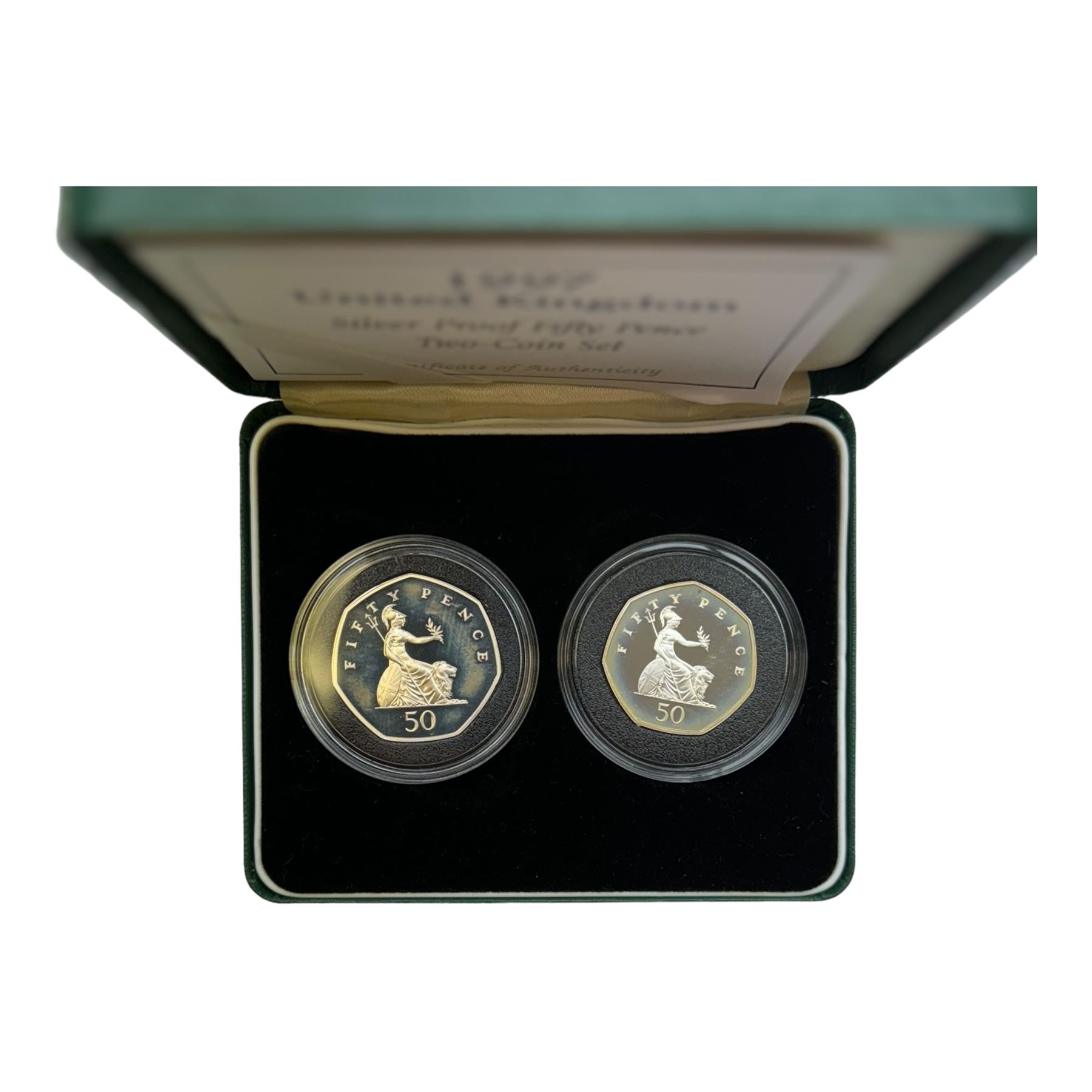 Seven The Royal Mint United Kingdom silver proof fifty pence coins or sets, comprising dual dated 1992 1993, 1997 two-coin set, 2004 'Celebrating the 50th Anniversary of the Four-Minute Mile', 2006 'The Victoria Cross' two-coin set, 2017 'Mr. Jeremy Fisher', 2017 'Benjamin Bunny' and 2022 '1926 2022 Her Majesty Queen Elizabeth II', all cased with certificates