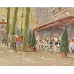 William Burns (Northern British 1923-2010): 'A Paris Restaurant', oil on board unsigned, titled verso 19cm x 24cm Provenance: Direct from the family of the artist. Notes: Born in Sheffield in 1923, William Burns RIBA FSAI FRSA studied at the Sheffield College of Art before the outbreak of the Second World War, during which he helped illustrate the official War Diaries for the North Africa Campaign, and was elected a member of the Armed Forces Art Society. On his return, he studied architecture at Sheffield University and later ran his own successful practice, being a member of the Royal Institute of British Architects. However, painting had always been his self-confessed 'first love', and in the 1970s he gave up architecture to become a full-time artist, having his first one-man exhibition in 1979.