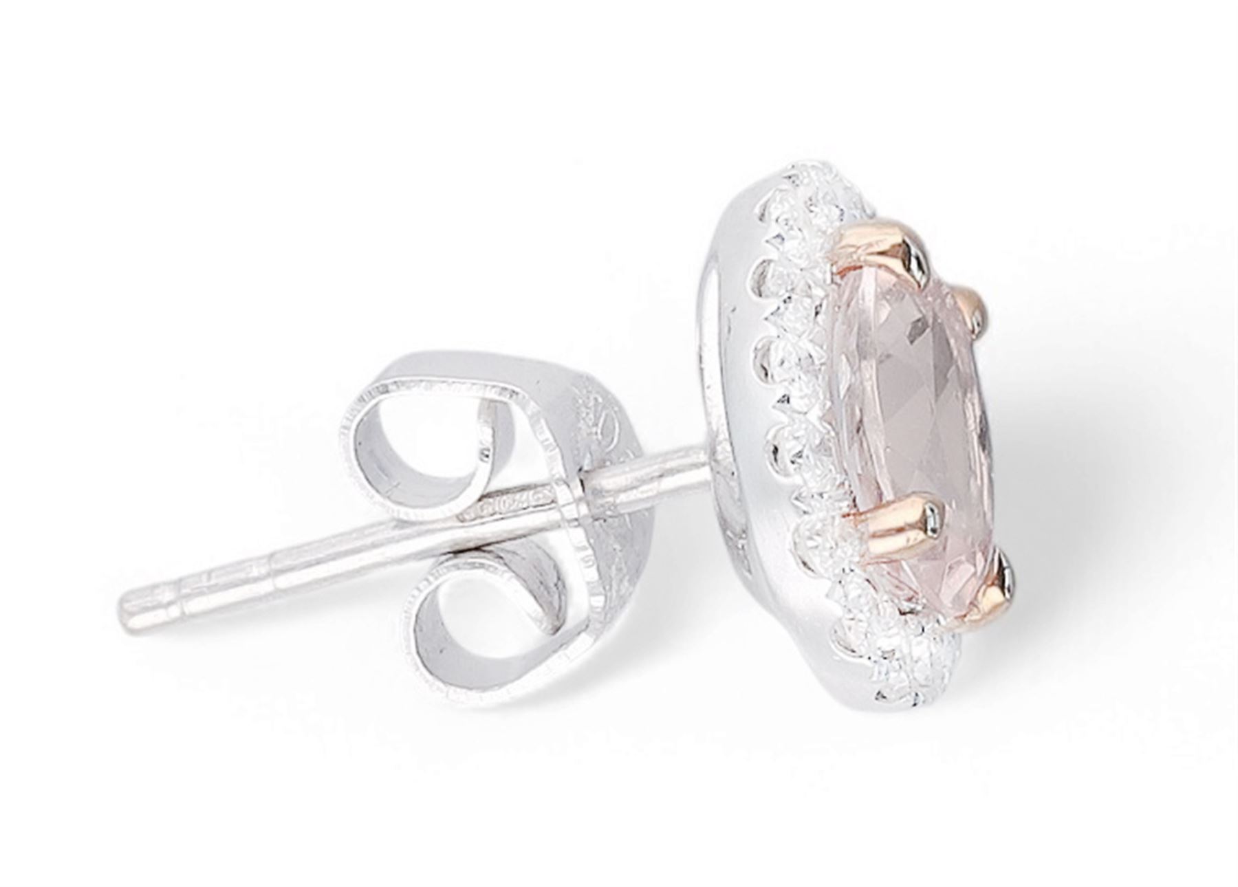 Pair of 18ct white and rose gold, oval cut morganite and round brilliant cut diamond halo cluster stud earrings, hallmarked, total morganite weight approx 1.40 carat, total diamond weight approx 0.40 carat