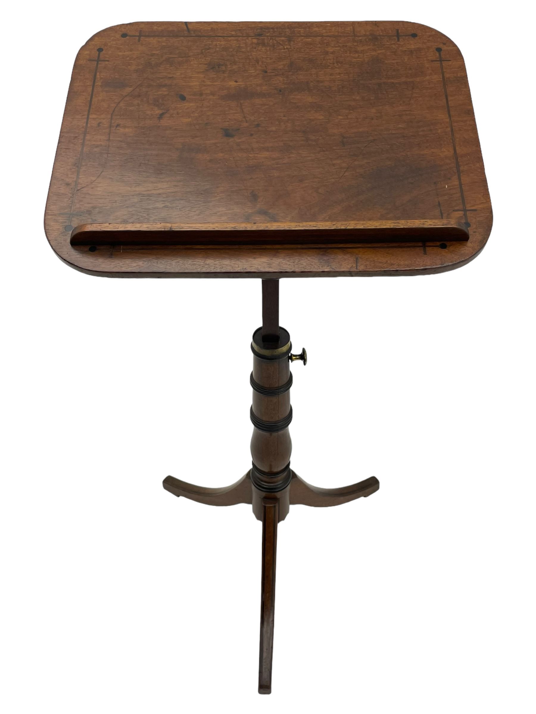 Regency mahogany reading stand, rectangular top with rounded corners on adjustable hinged mechanism, collar turned column on three out-splayed supports, inlaid with ebony stringing 