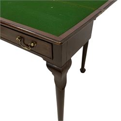 George III mahogany card table, moulded rectangular fold-over top revealing baize lined interior, single cocked-beaded frieze drawer with brass swan neck handles, on lappet carved cabriole supports, double gate-leg action base 