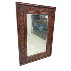 Chinese design bamboo and wood rectangular wall mirror, parquetry lattice-work bamboo, bevelled plate