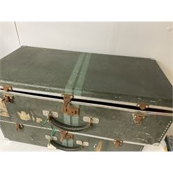 Metal deed box with key, together with two metal suitcases, deed box H27cm