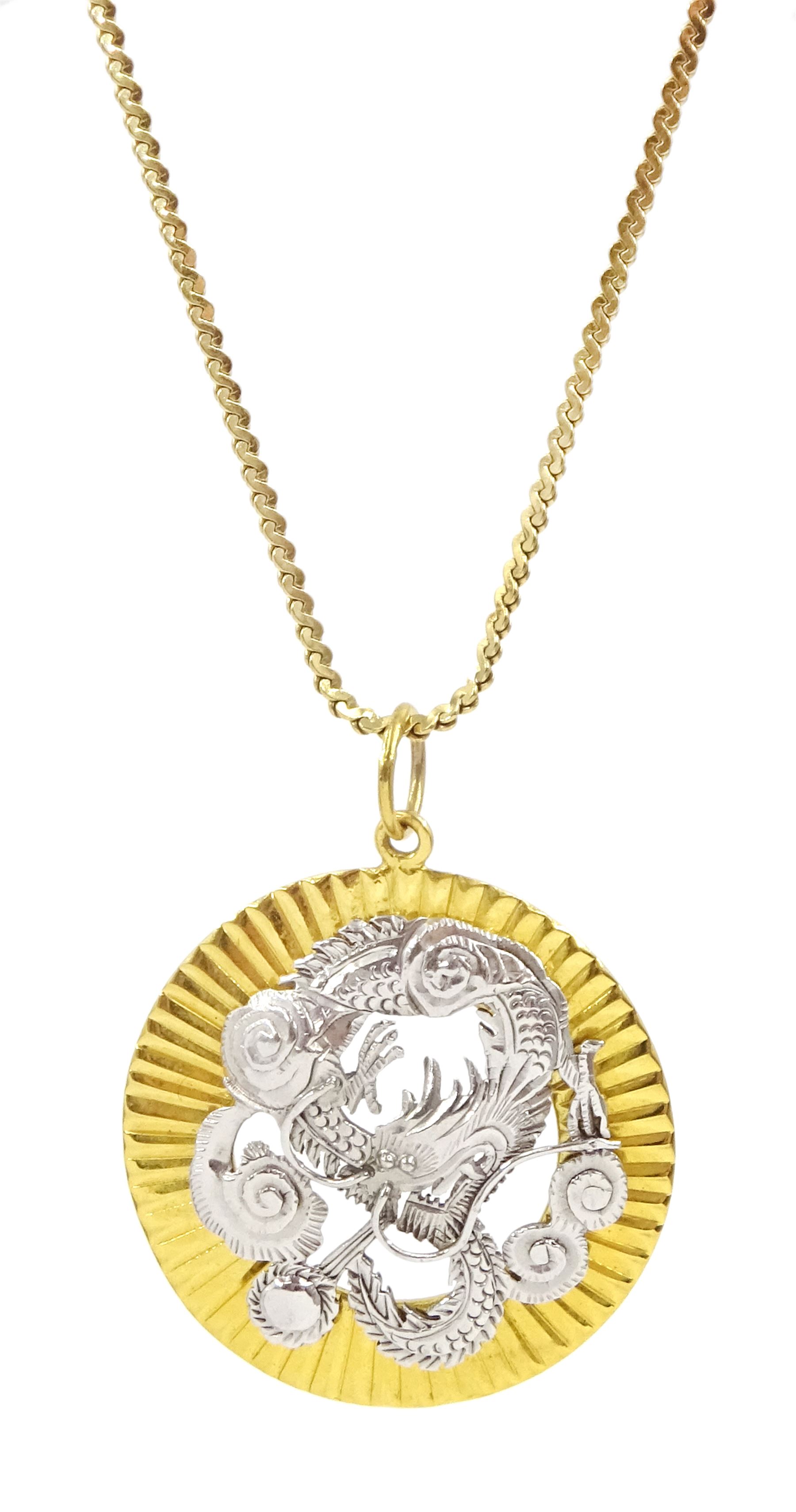 9ct gold and silver Chinese dragon pendant, on 18ct gold chain necklace, stamped 750