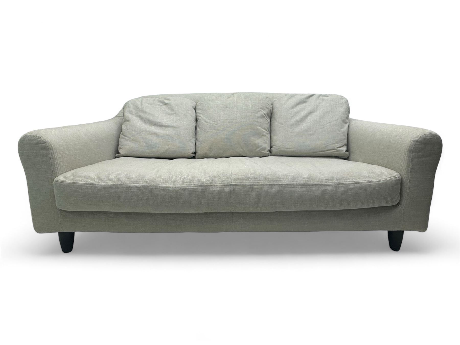 Habitat - contemporary three-seater sofa upholstered in neutral fabric, three scatterback cushions, raised on tapered supports