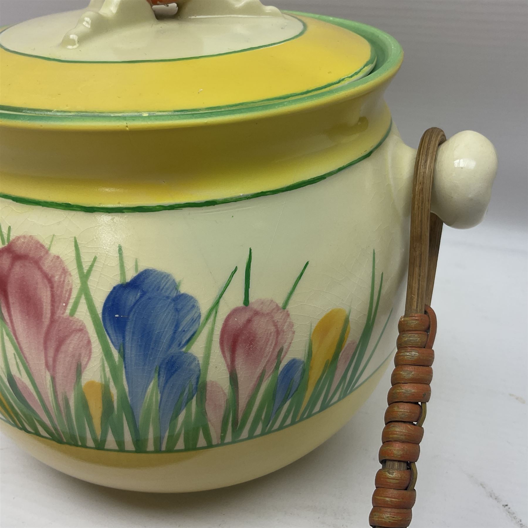 Clarice Cliff for Royal Staffordshire/Newport pottery, biscuit barrel with cover in Sungleam Crocus pattern, H16cm 