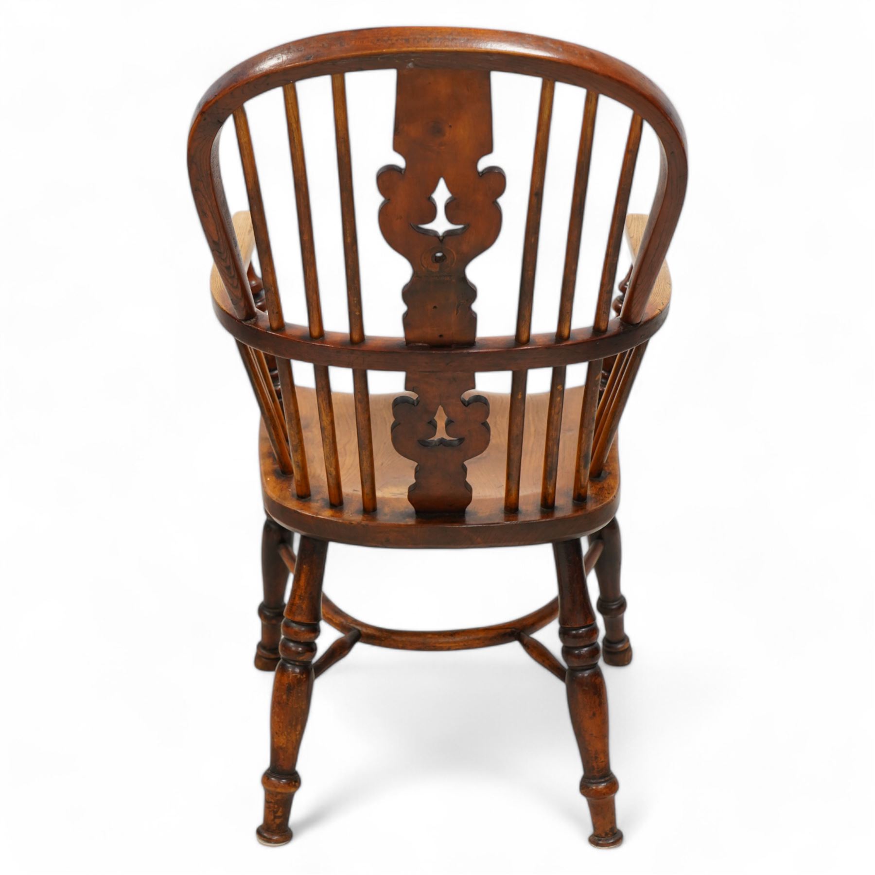 19th century elm and beech Windsor armchair, double hoop and stick back with shaped and pierced splat, dished seat on turned supports united by crinoline stretcher 