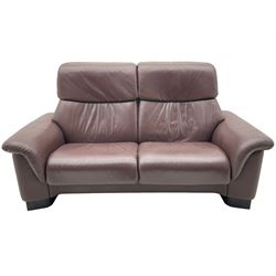 Ekornes Stressless - three-seat sofa upholstered in chocolate brown leather, with high backrests, cushioned headrests, and manual reclining mechanism (L248cm, D84cm, H102cm); with matching two-seat sofa (L184cm, D84cm, H102cm)